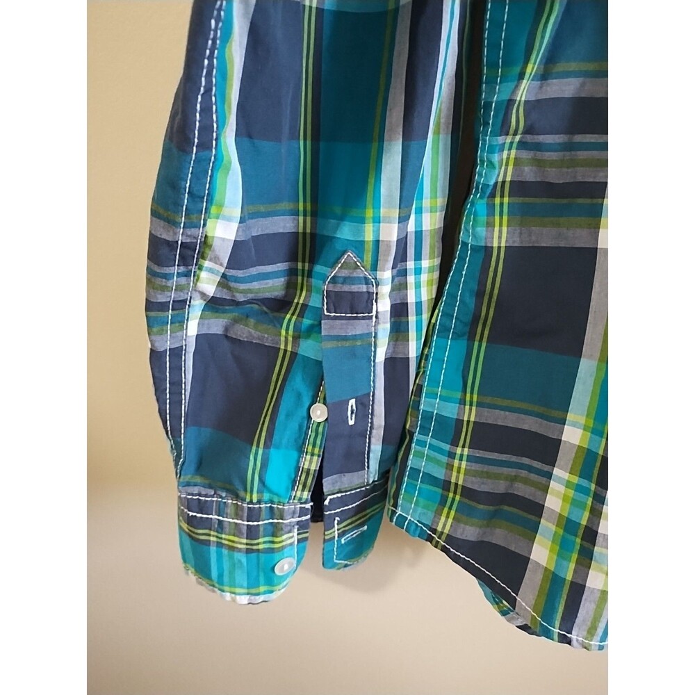 Carbon Mens Button Up Plaid Shirt Classic Fit Green Blue Size Large Long Sleeve - Picture 5 of 5